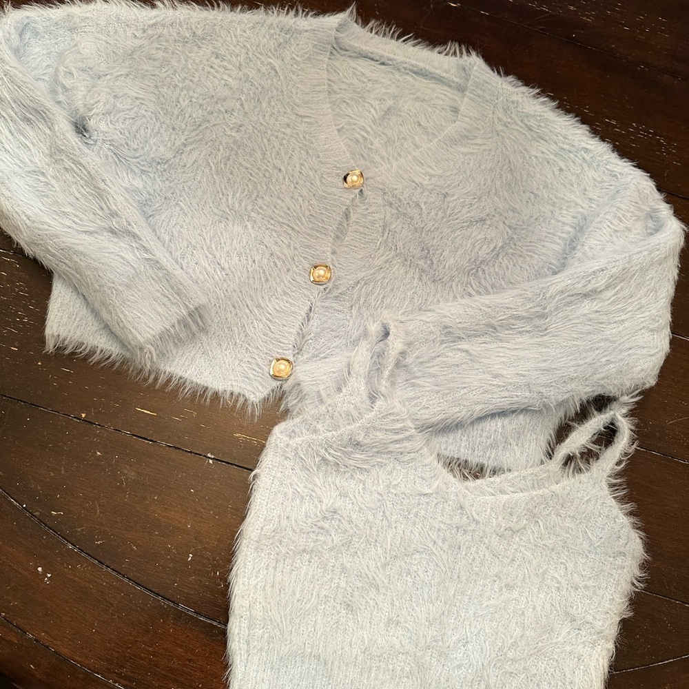 Yes Style Fuzzy Baby Blue Cardigan and Tank Set-S